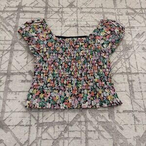 NEW Gap Kids Girls M 8 Navy Floral Smocked Top Puff Sleeve Square Neck Blouse